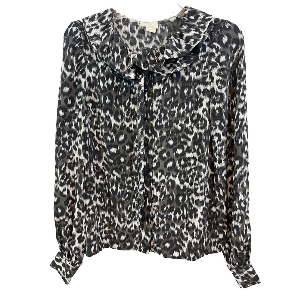 Kate Spade New York Top Size XS 100% Silk Button Up Ruffle Collar Animal Print